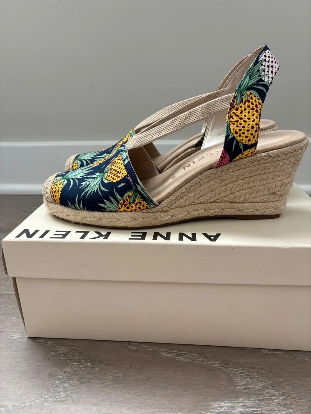 Anne Klein Navy Pineapple Print Espadrille Slingback Wedges